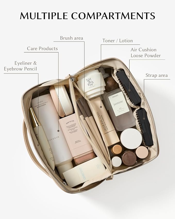 EACHY Travel Makeup Bag, Large Capacity Cosmetic Bag for Women, Waterproof PU Leather, Flat Open Portable Toiletry Bag for Skincare, Brushes & Travel Essentials