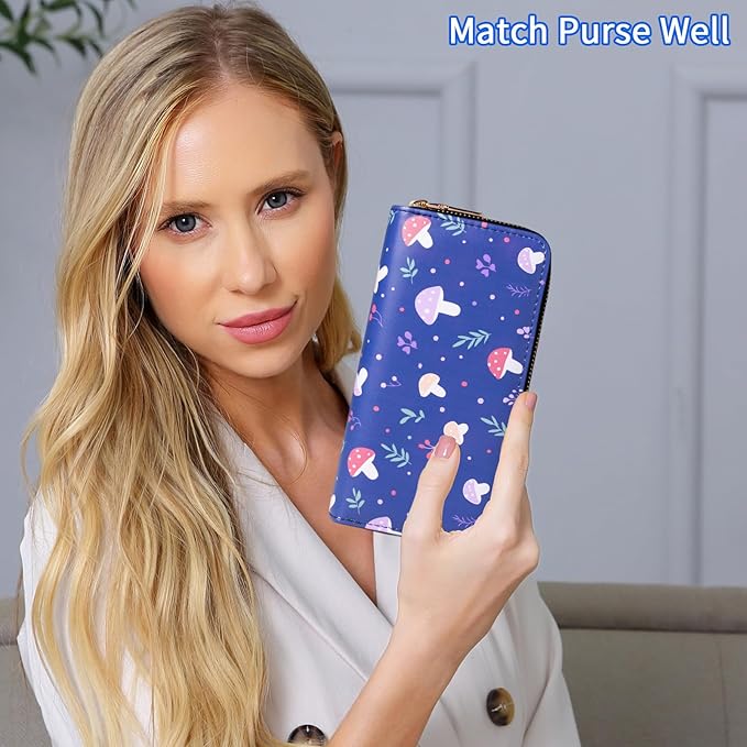 Mushroom Wallets for Women Large Capacity Double Zippes Ladies Purse Vintage Credit Card Holder (Dark Blue)