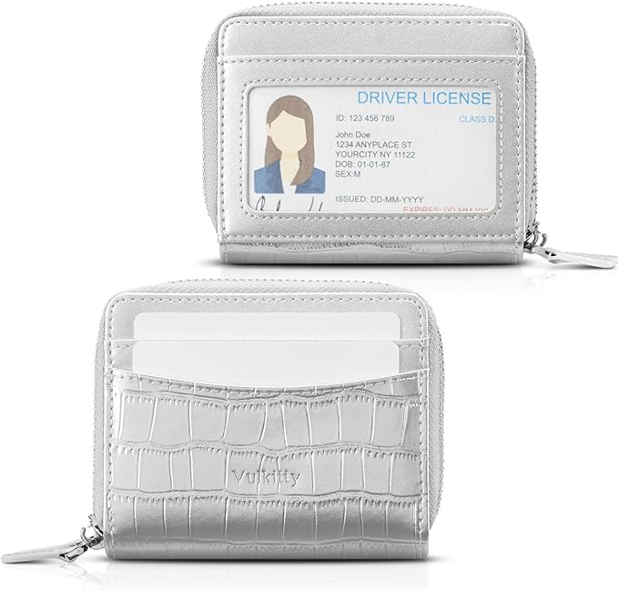 Vulkitty Zipper Credit Card Holder for Women, Leather RFID Blocking Card Wallet, Card Case for Female, Ladies Wallet with Zip Coin Pocket, Silver