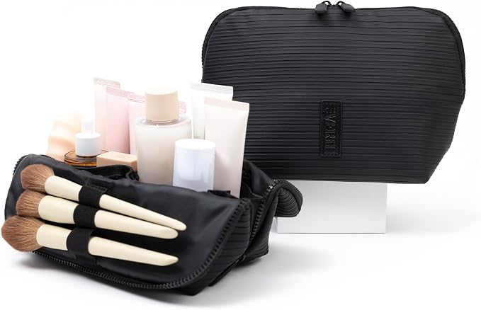 THE VERTI-Vertical Waterproof Makeup & Toiletry Bag | 23-Pocket Organizer with Upright, Fold-Down Design for Skincare, Toiletries & Essentials (Onyx, Medium)