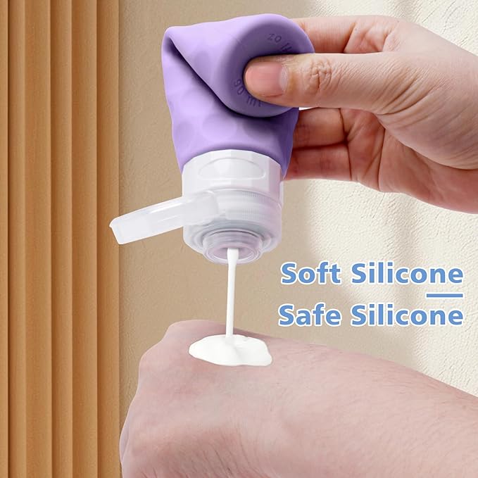 Silevoler Travel Bottles for Toiletries, 4pcs Tsa Approved 3oz Travel Size Containers, BPA Free Leak Proof Premium Silicone Bottles, Refillable Liquid Squeezable Accessories W/Toiletry Bag(Purple)