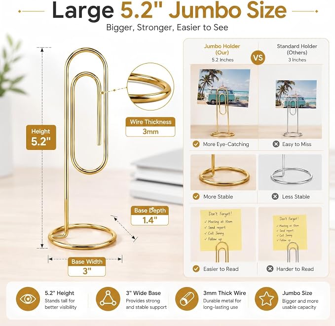 5.2 Inch Desktop Memo Holder, 4 Pack Jumbo Metal Desk Paper Clip Organizer for Office Table, Place Card, Bills, Photos, Table Numbers, Multi-Purpose Document Stand Accessory