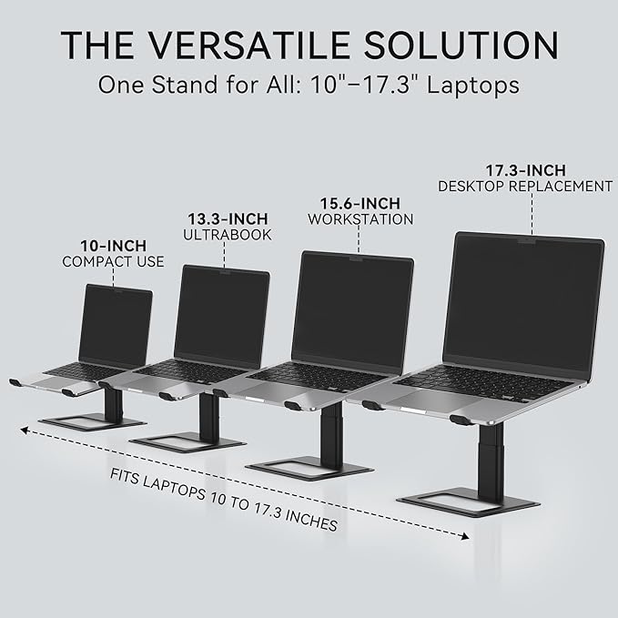SOUNDANCE Adjustable Laptop Stand, Ergonomic Aluminum Riser for 10-17.3” Notebooks, Ventilated Metal Holder with Height Alignment for Desk Workspace, Black