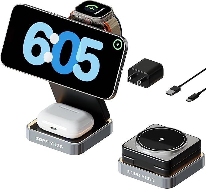 【2026 Upgraded】 Magnetic Wireless Charger 3 in 1, Foldable Charging Station with Night Light for Apple MagSafe Charger, Travel Charger Stand, Nightstand Fast 15W Charging Station (with Adapter)