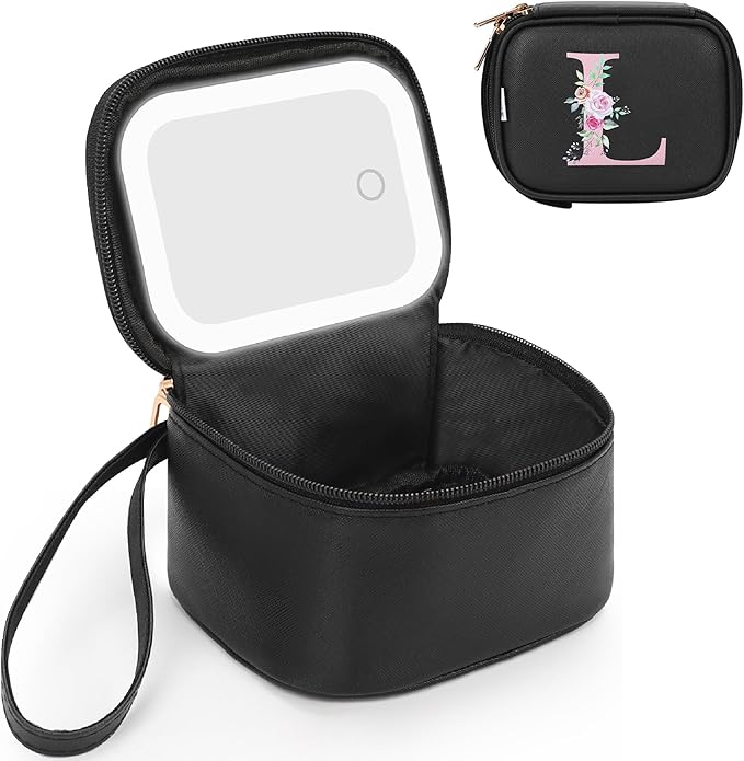 Relavel Initial Makeup Bag with Led Mirror, Mini Make Up Bag for Women Girls, Personalized Cosmetic Bag with Adjustable Brightness, Rechargeable Make Up Bags Pouch for Birthday Gifts - Black L