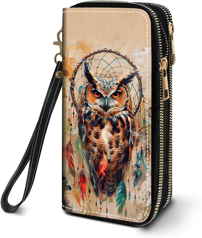 Women's Large Capacity Wallet PU Leather Double Zipper Clutch Purse Multifunctional Wallet with Removable Wristlet Strap for Smart Phone/Coin/Card/Cash, Dream Catcher Owl
