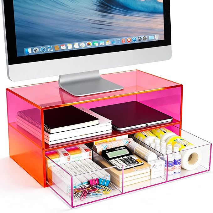 Gelite Acrylic Computer Monitor Stand for Desk Monitor Riser with Drawer Desktop Monitor Shelf with Storage, Neon Pink
