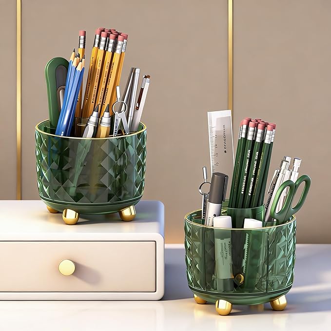Dark Green Pen Pencil Holder for Desk, 360° Rotating Pen Organizer, Green Office Supplies, Cute Pen Holder, 6-Compartment Pencil Holder Rotating