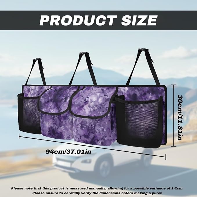 Purple Tie Dye Car Trunk Organizer Backseat Cargo Storage Bag with Elastic Net Collapsible Pouch SUV, Truck, MPV Car Accessories
