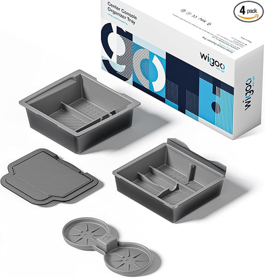 Wigoo Center Console Organizer for Tesla Model Y Juniper (Only Premium & Performance 2025 2026) and All Model 3 Highland Accessories [Double-Layer Storage, Smooth Sliding] 4PCS Gray