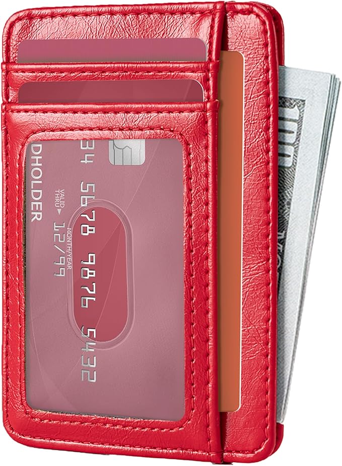 Hoewina Slim Wallet for Men, Credit Card Holder Wallet, Minimalist Design - RFID Blocking Front Pocket Leather Thin Wallet for Men and Women（Cherry Red）