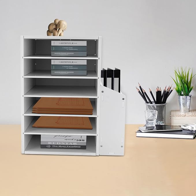 6-Tier File Organizer, 6 Slot Thick Board Desktop Mail Sorter w/Side Storage Cabinet, Adjustable Shelves File Sorter, Paper Organizer for Home School Office (White, 6 Slot)