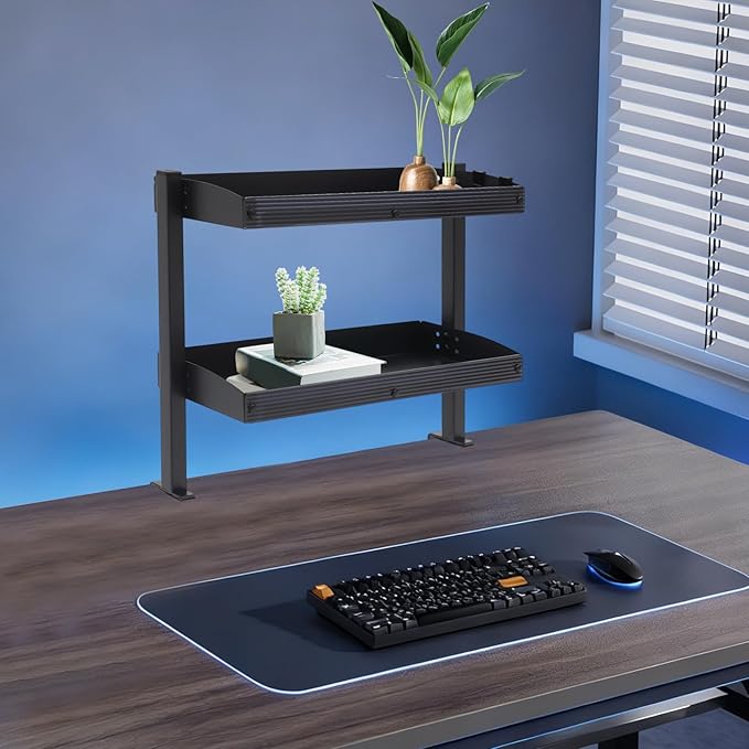 2-Tier Clamp-on Desk Shelving Unit, Adjustable Metal Storage Tray Desk Shelf, Space-Saving Desktop Organizer for Gaming Devices, Office Supplies and Dresser Top Storage, Ideal for Office, Study