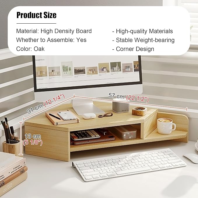 Kunovo Corner Monitor Stand with Double Storage Space, Ergonomic Triangle Desktop Corner Shelf, Save Space Desk Organizer Shelf for Office/Home (Color : Oak)
