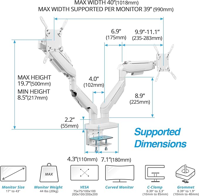 AVLT RGB Lights Dual 17??43??Gaming Monitor Arm Desk Mount, Fits Two Flat/Curved/Ultrawide Screen up to 44lbs(20kg), Height Swivel Tilt Adjustable Stand ??White