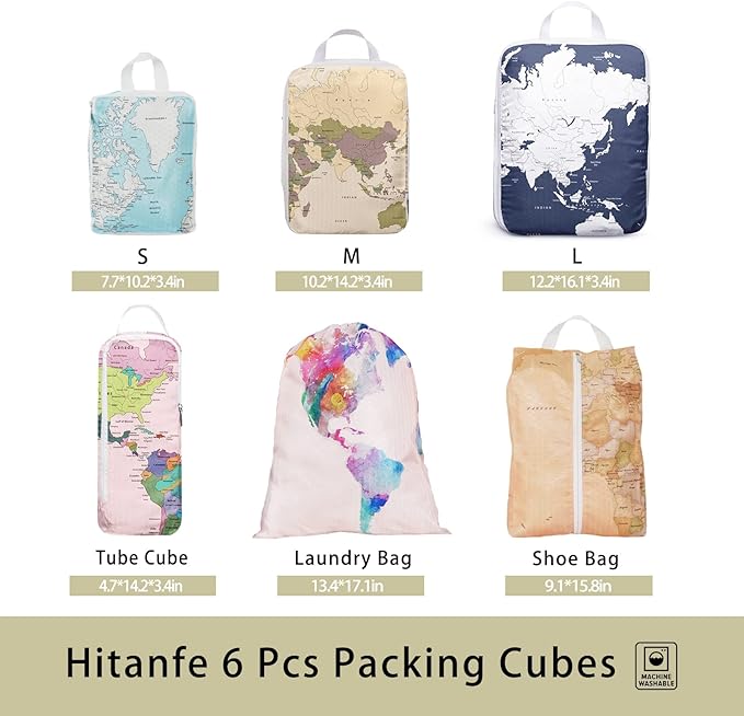 6 Pcs Compression Packing Cubes for Travel, Waterproof Luggage Organizer Washable Storage Bags Set - Packaging Cubes for Backpack Travel and Carry-Ons