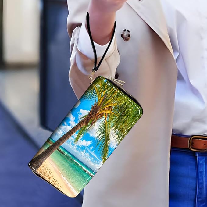 Women's Large Capacity Wallet PU Leather Double Zipper Clutch Purse Multifunctional Wallet with Removable Wristlet Strap for Smart Phone/Coin/Card/Cash, Tropical Paradise Beach Palm Trees