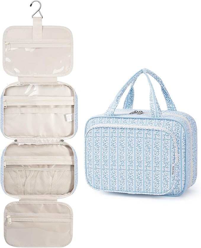 Narwey Hanging Toiletry Bag for Women Travel Makeup Bag Organizer Toiletries Bag for Travel Size Essentials Accessories Cosmetics (Blue Flower Buds (Medium))