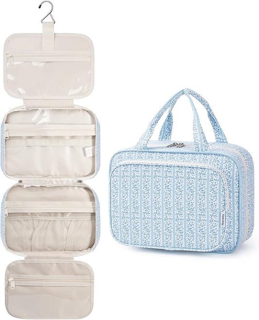 Narwey Hanging Toiletry Bag for Women Travel Makeup Bag Organizer Toiletries Bag for Travel Size Essentials Accessories Cosmetics (Blue Flower Buds (Medium))