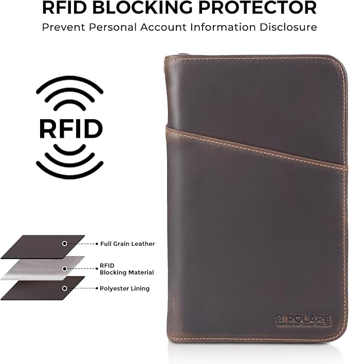 Polare Full Grain Leather Travel Passport Holder RFID Blocking Cover Case Travel Document Organizer Wallet Holders 2 Passports With YKK Zipper (Dark Brown with AirTag Slot)