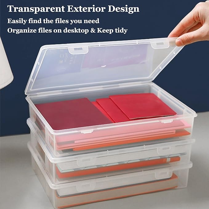 3 Pack Plastic Storage Boxes with Hinged Lids for 8.5" x 11" Letter, 2" Height A4 File Storage Case, Clear Scrapbook Paper Storage Boxes Documents Magazines Holder
