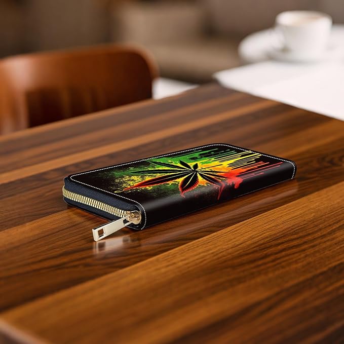 RFID-Blocking Zip Around Wallets for Women with Detachable Wrist Strap,Large Capacity Phone Holder with Card Organizer & Coin Pocket,Marijuana Leaf Weed
