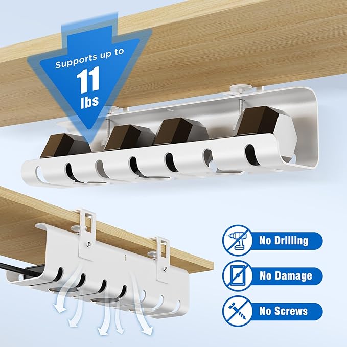 2 Pack No-Drill Under Desk Cable Management Tray 33.8 inch Large Wire Cord Organizers, Cable Management Under Desk for Home and Office No Damage White