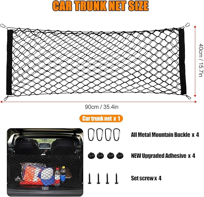 35.4” x 15.7” Cargo Net Trunk Bed Extender, Envelope Mesh Truck Bed Organizer Car Exterior Accessories, Universal Elastic Trunk Storage Net with Metal Hook