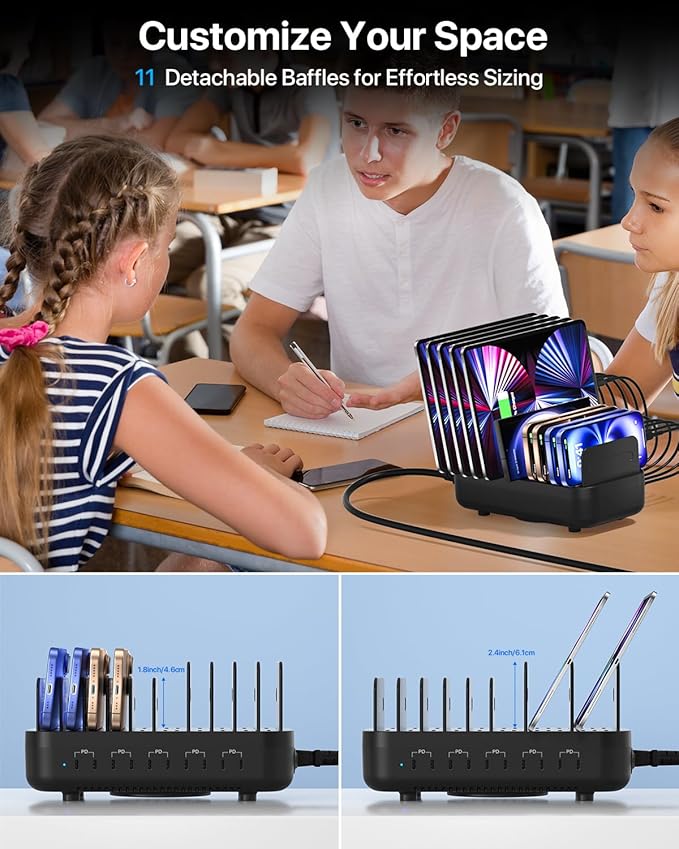 SooPii Multi USB Charging Station,100W 10-Port Type C Fast lPad Charging Station for Multiple Devices with Adjustable Dividers, Charger Organizer Compatible with Phone, Tablet,Kindle and More(Black)