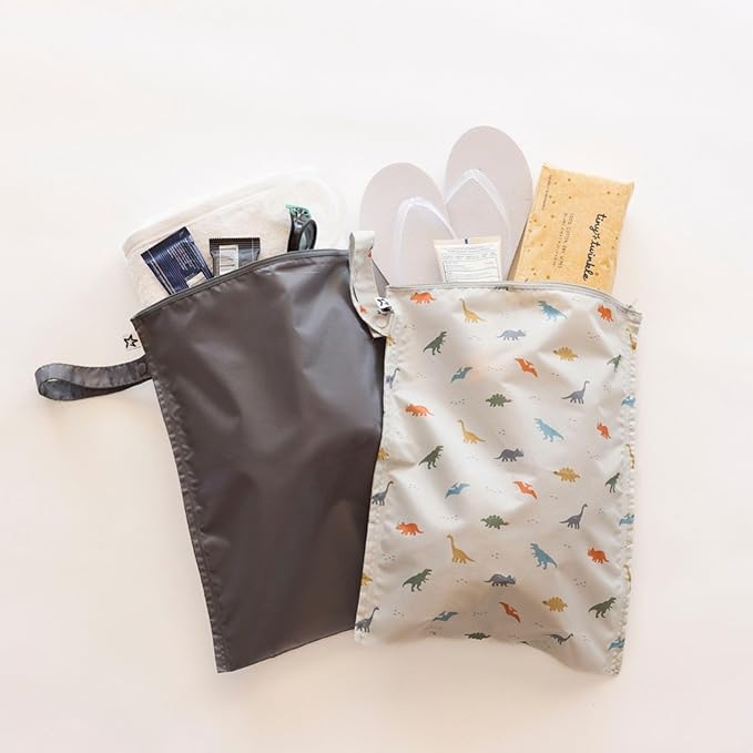 Tiny Twinkle Mess Proof Wet Bags | 2-Pack Reusable Waterproof Wet Bags for Swimsuits | Baby Clothes | Travel & Diaper Bag (Dinosaur)