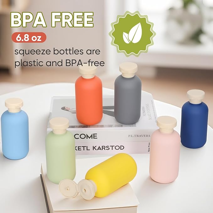 4 PACK Travel Shampoo Bottle, Empty Plastic Squeeze Bottles 6.8oz with Flip Cap, Lotion Container for Toiletries Travel Size Shampoo and Conditioner
