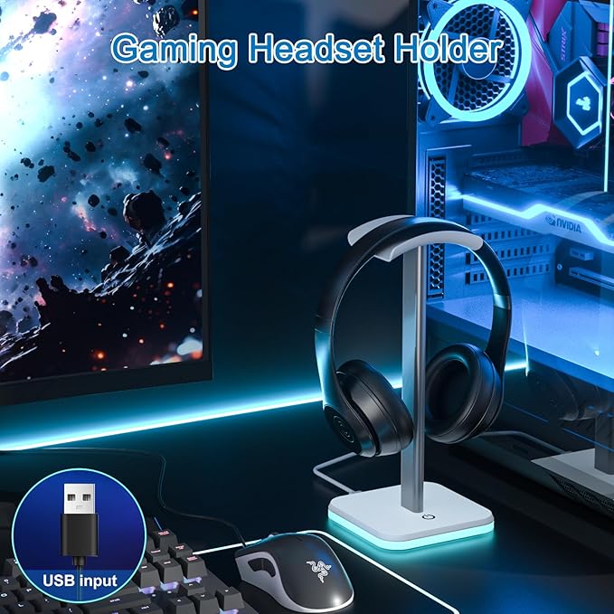 Headphone Stand for Desk - Headset Stand with Aluminum Hanger, Headphone Holder for AirPods Max, Sony, Bose, Beats and More (RGB-White)