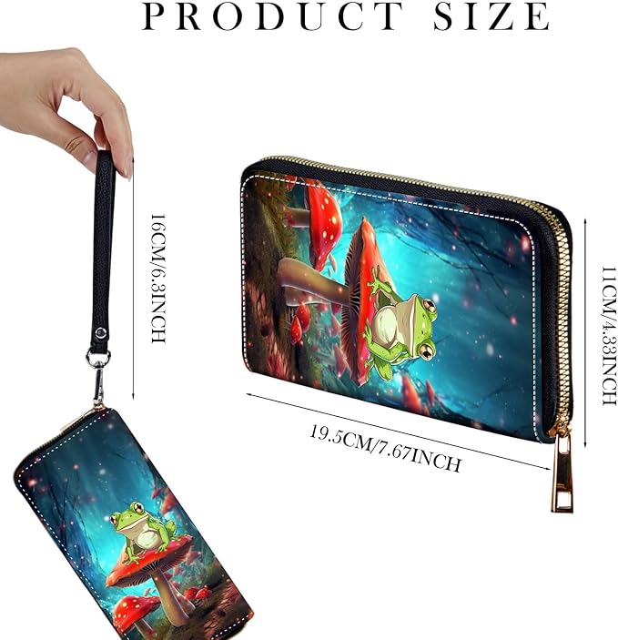 Zip Around Wallets for Women with Detachable Wrist Strap, Large Capacity RFID Blocking Leather Purse Organizer Card Holder Wristlet,Aesthetic Mushroom and Frog