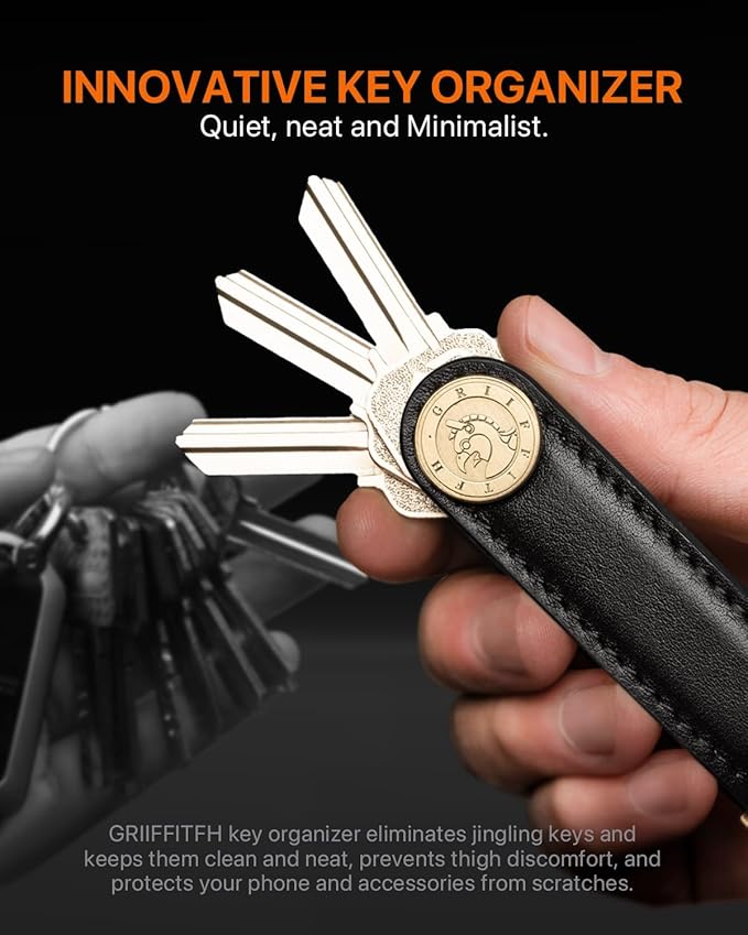 Leather Key Organizer Key Chain for Men Women, Compact Key Holder Keychain - Minimalist Key Case Secures 3-14 Keys