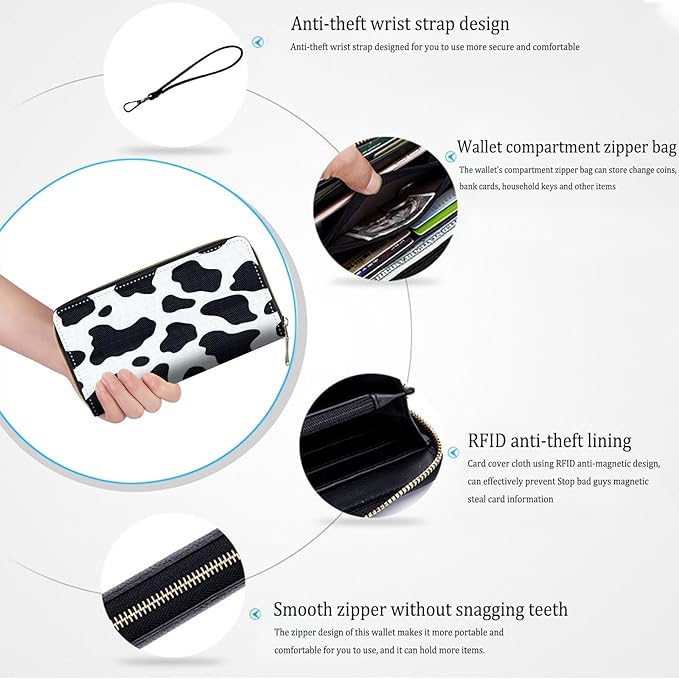 Bxgolkgd Womens Wallet, RFID Blocking Leather Wallet,Large Capacity Wallet Credit Card Holder PU Leather Ladies Clutch with Zipper Coin Pocket - Cute Cow Pattern