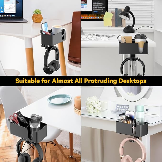 KDD 4 in 1 Desk Cup Holder - Clamp on Under Desk Headphone Hanger - Rotating Headphone Holder Detachable Pen Cup Holder Desktop Storage for Cup, Phone and Pen(Black)