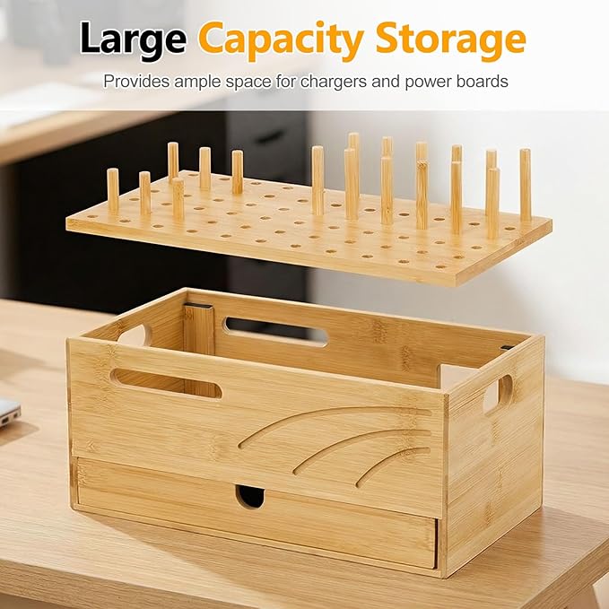 Homde Bamboo Charging Station Organizer: 2 Layer Charger Holder with Drawer for Office Home - Electronic Docking Stand for Multiple Devices, Tablets, Phones