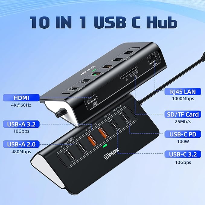 P9R PRO USB C Hub Ethernet, 10Gbps USB C Docking Station 10-in-1 with 4K@60Hz HDMI, Type-C & 2 USB A 3.2 Data, LAN, 2 USB A 2.0, PD 100W, SD/TF Ports, Powered USB Hub for Laptop, iPhone 17, Mac