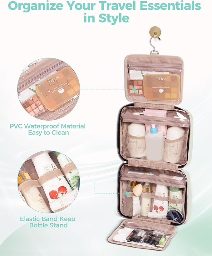 BALULHG Travel Hanging Toiletry Bag for Women,Makeup Bag Cosmetic Organizer Waterproof with Hanging Hook Multiple Pockets for Women Travel Essentials Beige