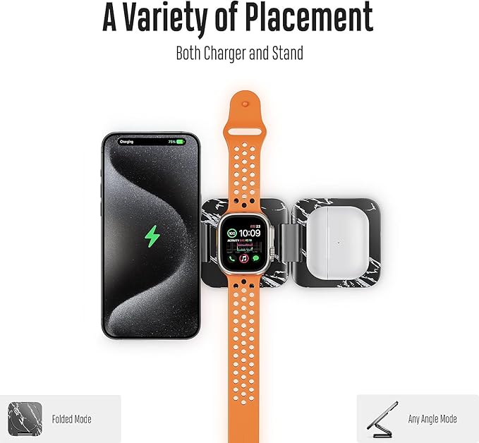 KU XIU Fast Wireless Charger, Magnetic Foldable 3 in 1 Charging Station for iPhone 17/16/15/14/13/12 Pro/Plus/Pro Max, 5W Portable Charger for Apple Watch9/8/7/6/5/4/SE, for Airpods