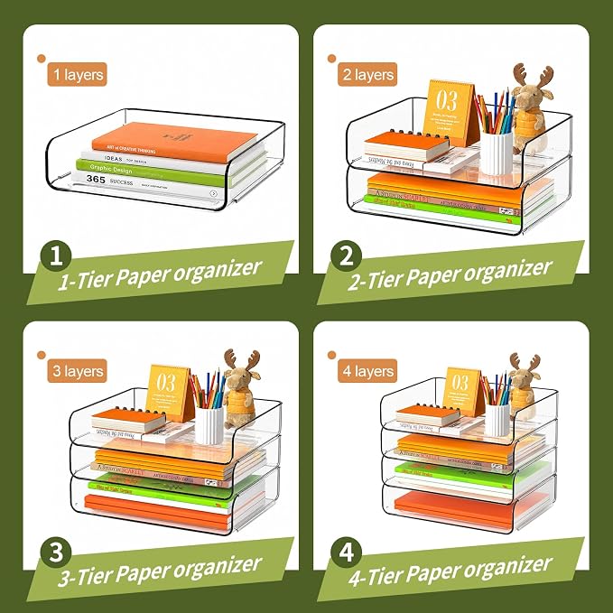 FANXIYQ 4-Tier Acrylic Paper Tray Organizer - Low-Profile Desk File Sorter for Office/Home, Clear Stackable Letter Tray for Bills, Crafts, Notebooks