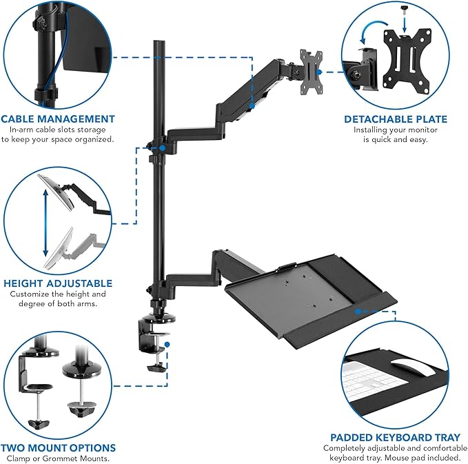 Mount-It! Sit-Stand Monitor Arm Desk Mount with Keyboard Tray, Single Monitor Fits Up to 32”, Height Adjustable Gas Spring, Full Motion Articulating Arm, Clamp or Grommet, Black