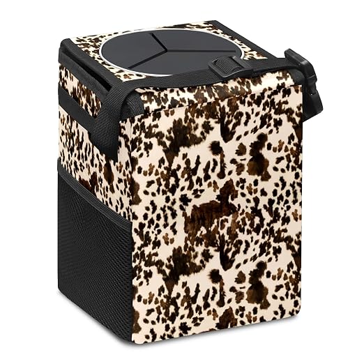 Brown Western Cow Print Car Trash Can with Lid - Collapsible Reusable Waterproof Automotive Garbage Can