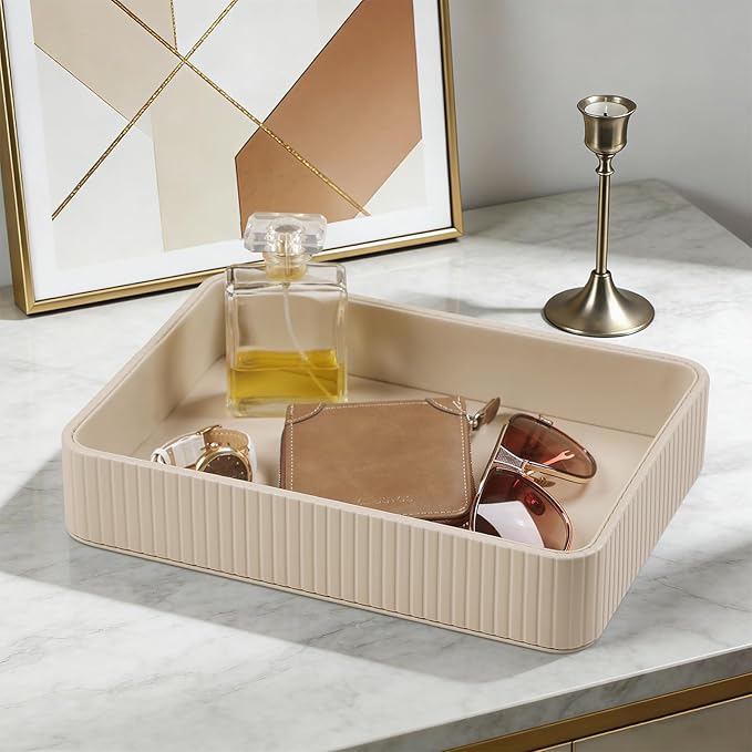 Desk Organizer Tray, PU Leather Nightstand Organizer Perfume Valet Tray for Men Women, Decorative Vanity Trays Trinket Dish Key Bowl for Entryway Table (2pcs, Beige, Large+Small)
