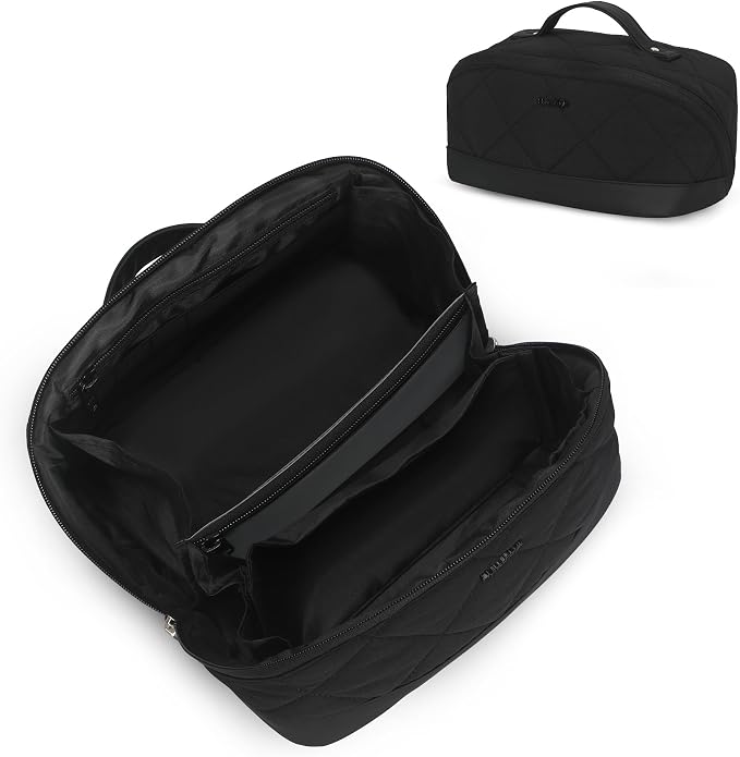 Hynes Eagle Travel Makeup Bag for Women Puffy Cosmetic Organizer Pouch Open Flat Toiletry Bag for Toiletries Brushes Structured Base Jet Black