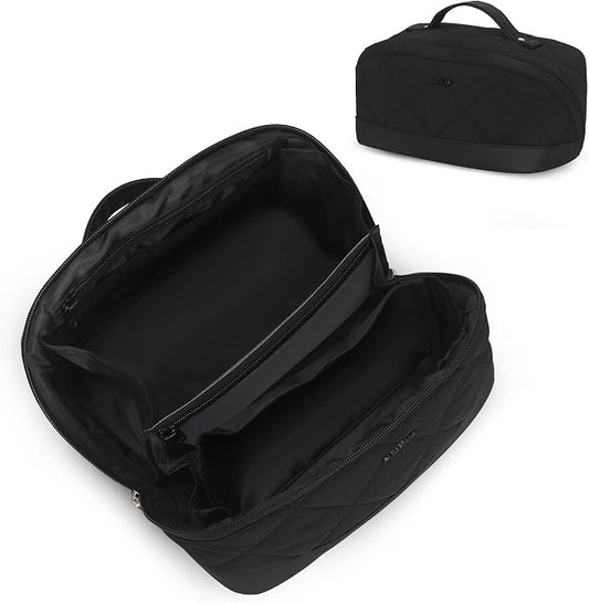 Hynes Eagle Travel Makeup Bag for Women Puffy Cosmetic Organizer Pouch Open Flat Toiletry Bag for Toiletries Brushes Structured Base Jet Black