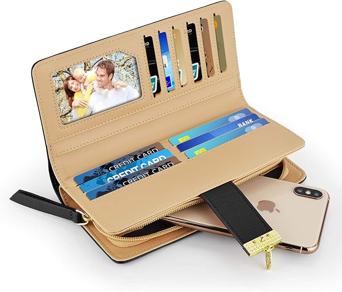 PGXT Women's Wallet Women Credit Card Holder Hollow Leaf Pattern Bifold Leather Lady Long Wallet Purse Zip Birthday Xmas Gifts for Women Girls(Black)