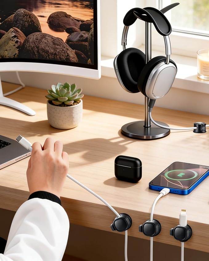8 Pack Desk Cord Organizer for Home/Office, Cord Organization Cable Clips, 360° Rotatable Spring Cable Management Clips, Adhesive Cord Holder with Clasp Lock, Desk Accessories/Workspace Organizers