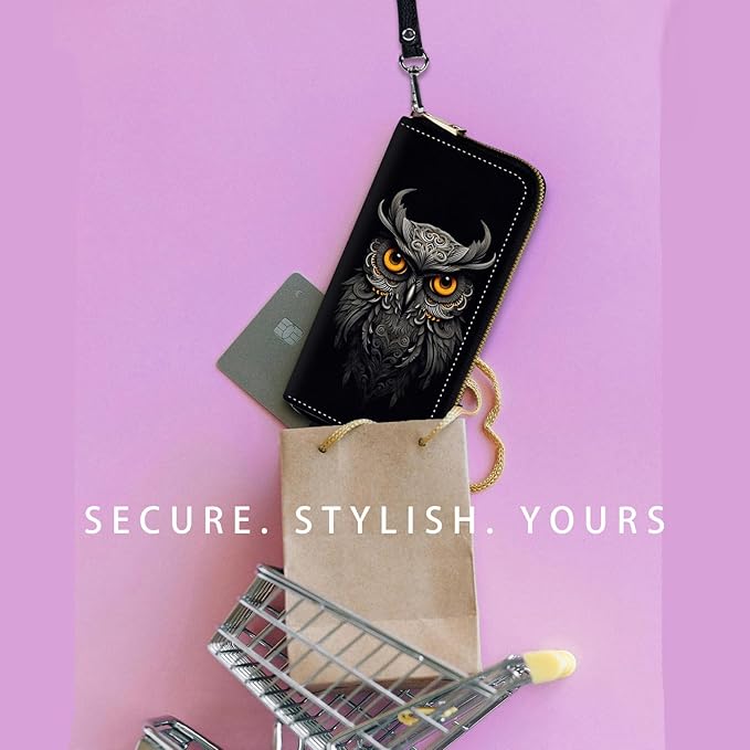 Zip Around Wallets for Women with Detachable Wrist Strap, Large Capacity RFID Blocking Leather Purse Organizer Card Holder Wristlet,Beautifull Owl Abstract