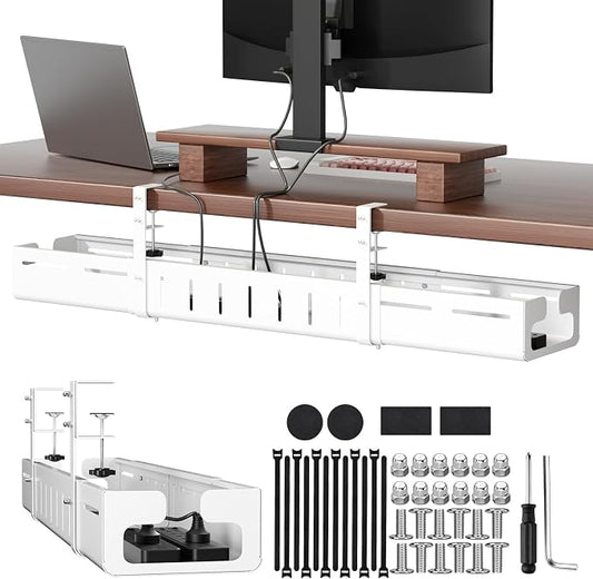 Under Desk Cable Management Tray, Expandable 25.2"–38.6" Heavy Duty Carbon Steel with Clamp, Hidden Cord Organizer for Desk, Home Office & Standing Desk, No Drill Installation, White